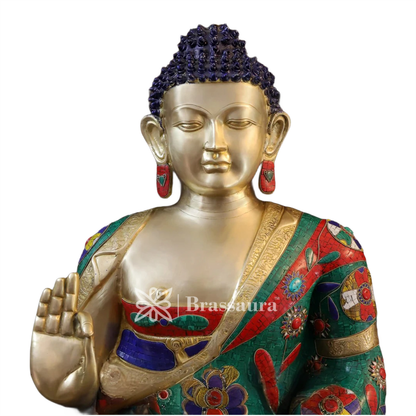 Brass Gem Stone Work Standing Buddha Weight 94.2 Kg Height 45.5 Inch