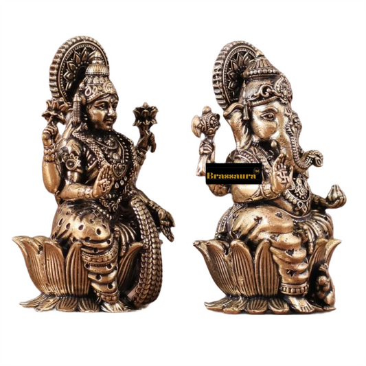 Brassaura™ Handcrafted Brass Laxmi Ganesha Idol – Height 2.5 Inches & Weight 180 Grams | Puja Room Statue