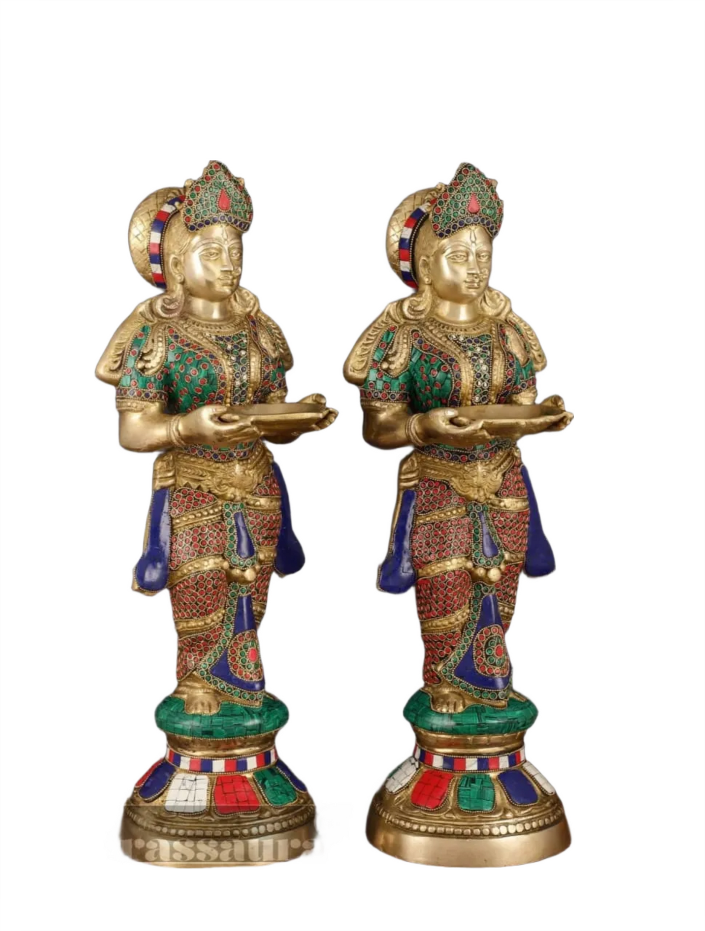 Brassaura™ Brass Deep Lakshmi Pavaai Villaku with Stonework – Height 23 Inches | Available as Single (8.5 Kgs) or Pair (17 Kgs)