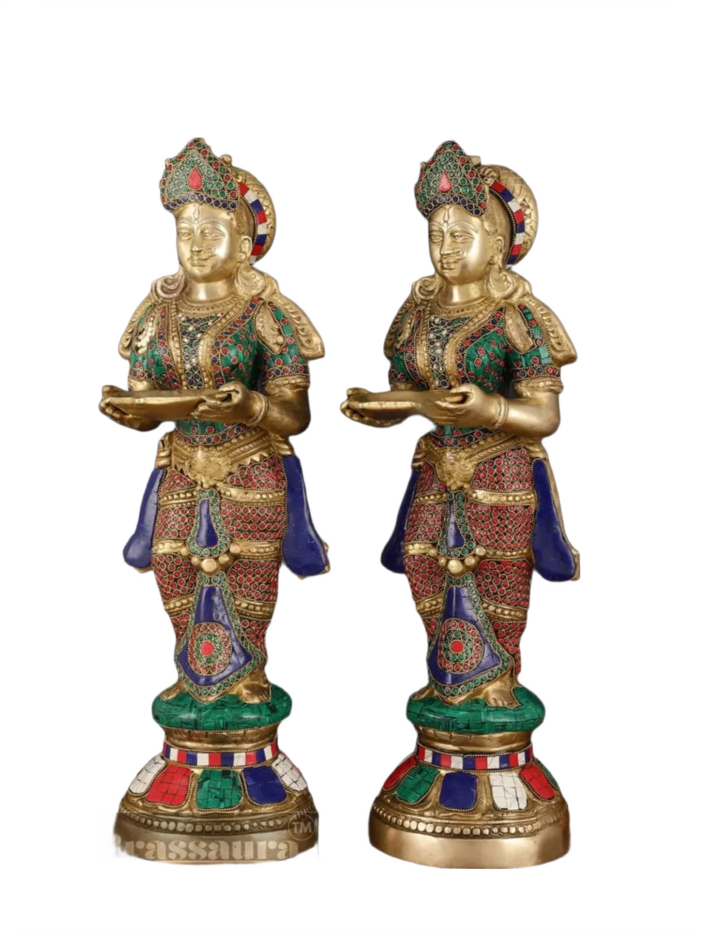 Brassaura™ Brass Deep Lakshmi Pavaai Villaku with Stonework – Height 23 Inches | Available as Single (8.5 Kgs) or Pair (17 Kgs)