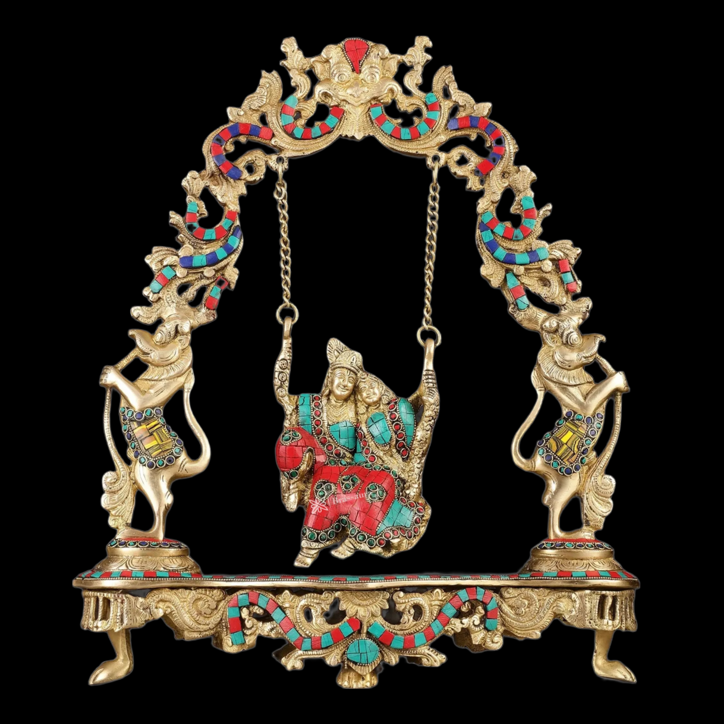 Brassaura™ Brass Radha Krishna on Swing with Natural Stones & Brass Rings – Height 18 Inches & Weight 8 Kgs | Elegant Devotional Statue
