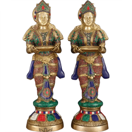 Brassaura™ Brass Deep Lakshmi Pavaai Villaku with Stonework – Height 23 Inches | Available as Single (8.5 Kgs) or Pair (17 Kgs)