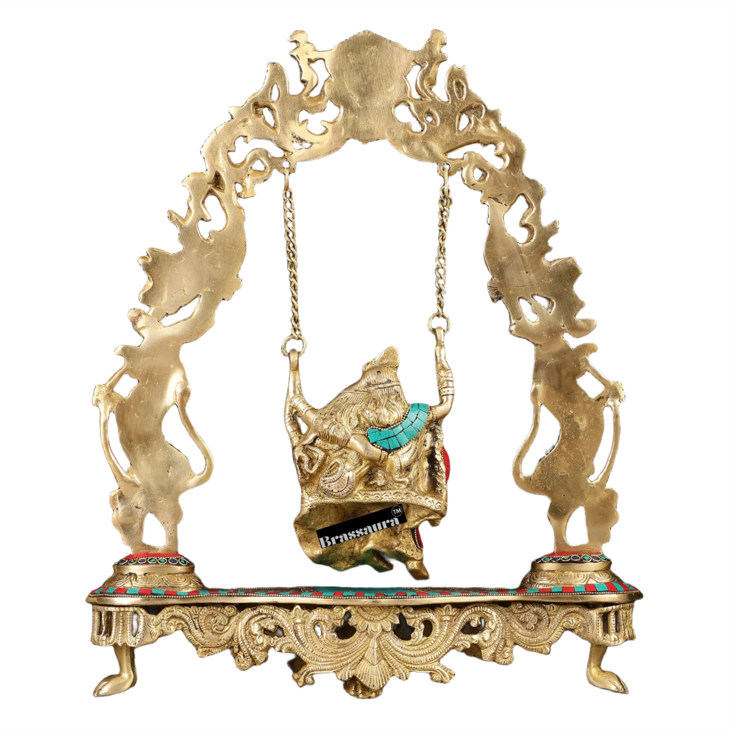 Brassaura™ Brass Radha Krishna on Swing with Natural Stones & Brass Rings – Height 18 Inches & Weight 8 Kgs | Elegant Devotional Statue