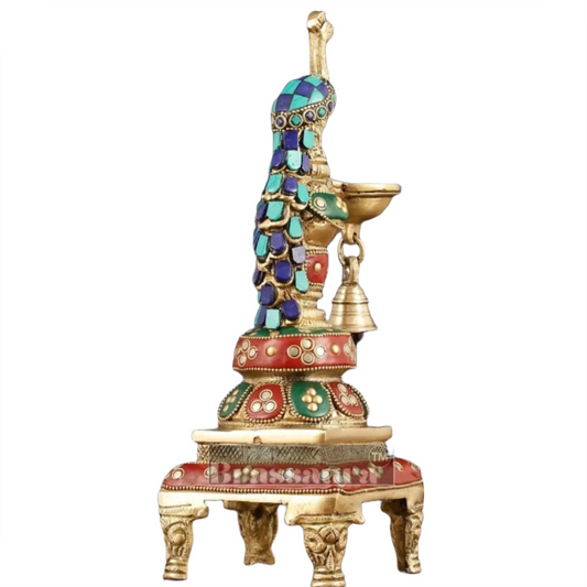 Brassaura™ Pair of Brass Peacock Diya with Meenakari – Height 11 Inches | Traditional Brass Lamps, 2.85 Kgs