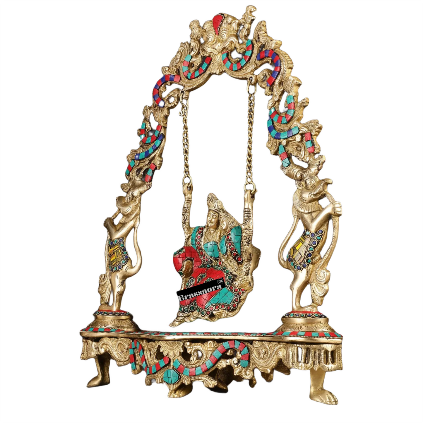 Brassaura™ Brass Radha Krishna on Swing with Natural Stones & Brass Rings – Height 18 Inches & Weight 8 Kgs | Elegant Devotional Statue