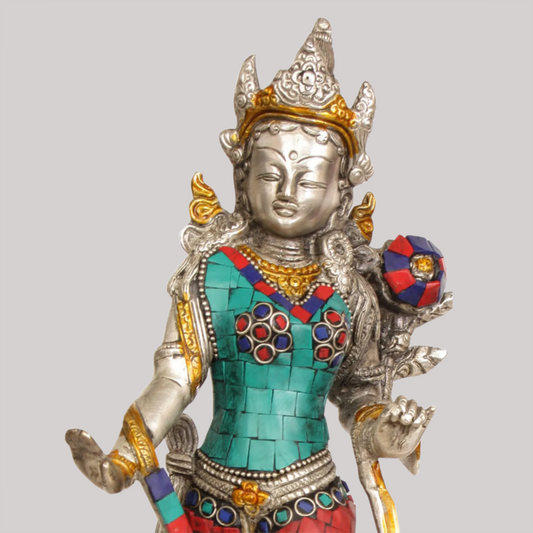 ब्रसौरा® स्टोन इनले के साथ खड़ी तारा देवी | पीतल की मूर्ति | ऊंचाई 12 इंच और वजन 3.10 किग्रा