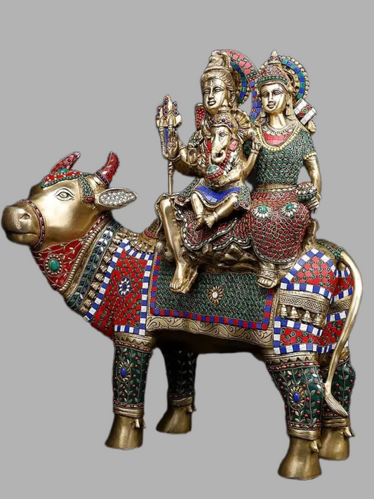 Brassaura® Shiva Family on Nandi Brass Statue | Lord Shiva, Goddess Parvati & Family | Pure Superfine Brass Handcrafted Murti with Intricate Inlay Work | Hindu God Sculpture for Temple & Spiritual Décor | Height 26 Inches | Weight 33.60 Kgs