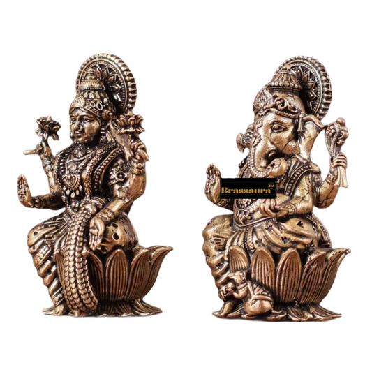Brassaura™ Handcrafted Brass Laxmi Ganesha Idol – Height 2.5 Inches & Weight 180 Grams | Puja Room Statue