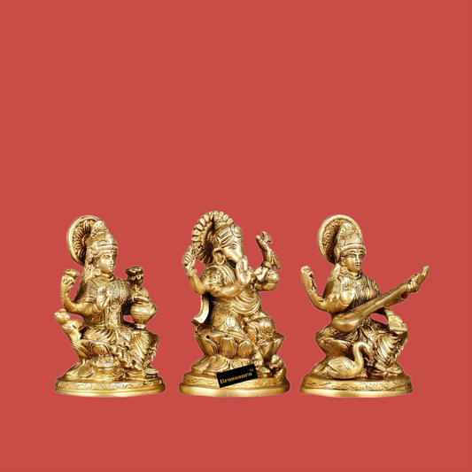 Brassaura® Brass Antique Laxmi Ganesha Saraswati Idol – Height 5 Inches | Puja & Home Décor