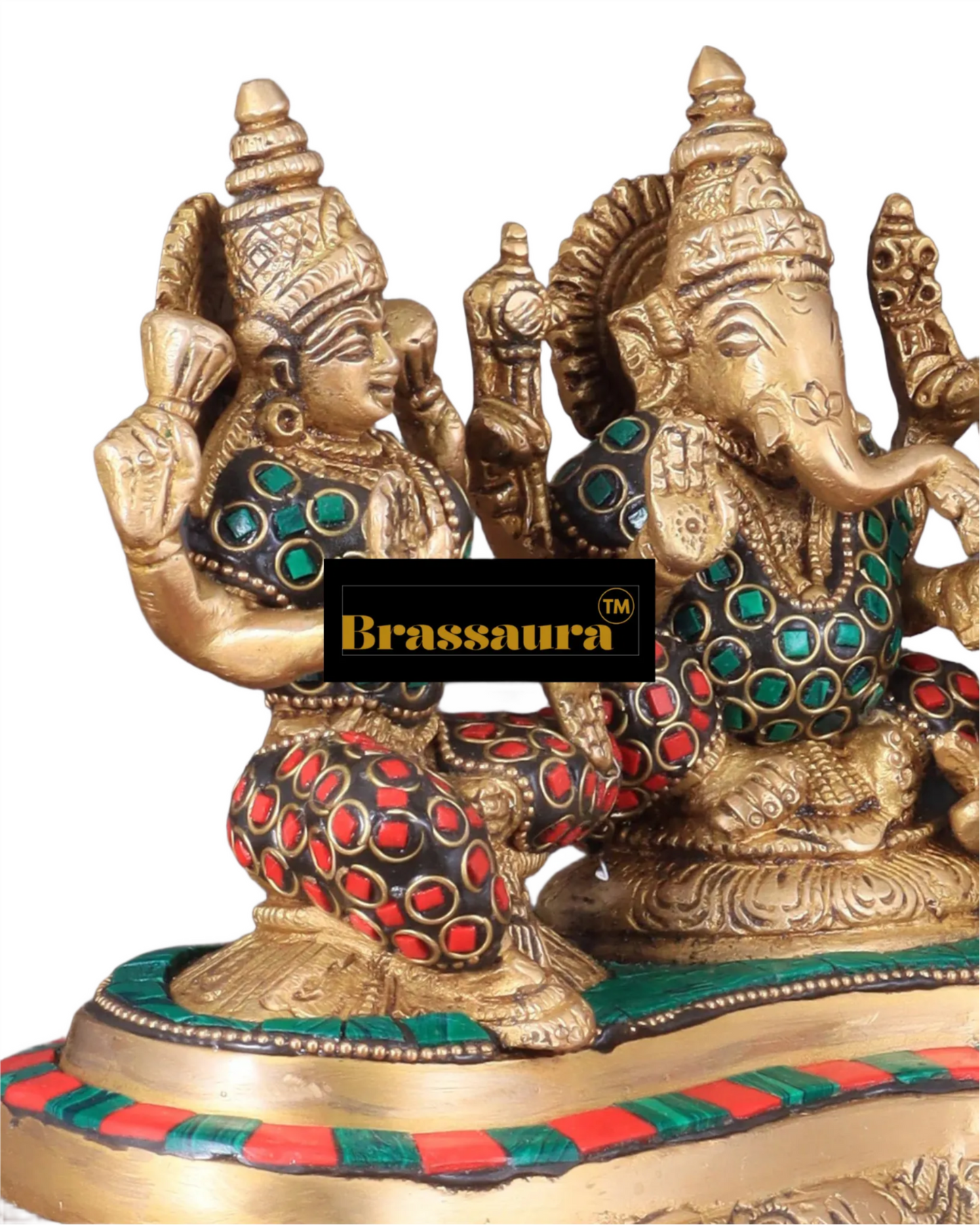 Brass Gem Stone Work Laxmi Ganesha Saraswati Murti for Home and Decor Height 6.2 Inches & Weight 3 Kgs