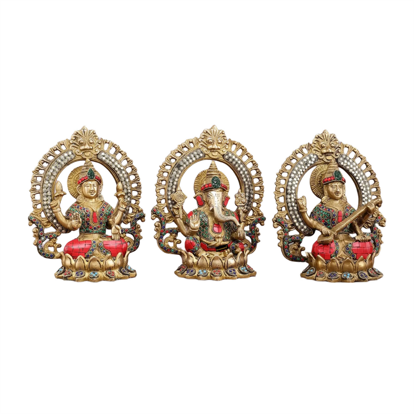 Brass Gem Stone Work Laxmi Ganesha Saraswati Murti for Home and Decor Height 9.5 Inches & Weight 10.2 Kgs