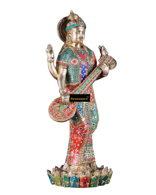 Brassaura™ Traditional Brass Gem Stone Work Saraswati Idol – Height 25 Inches & Weight 22 Kgs | Home & Temple Murti