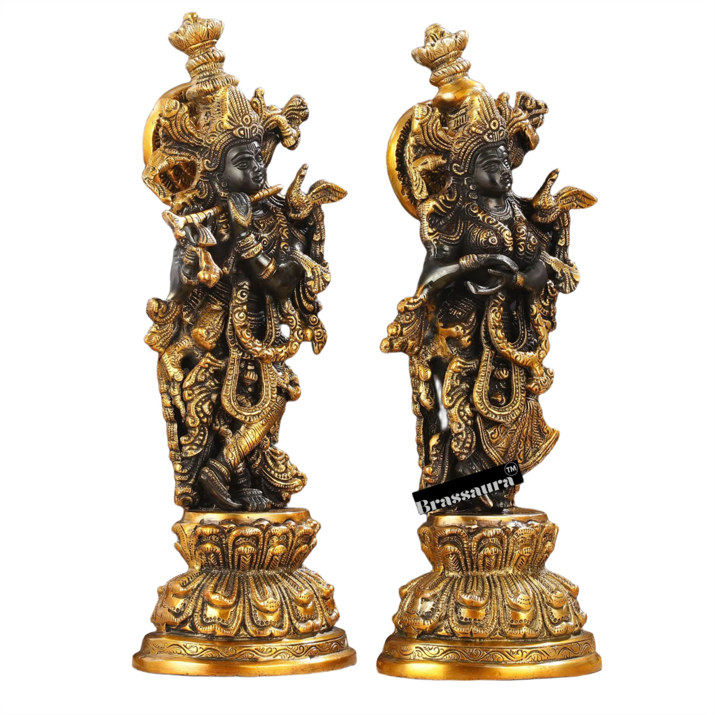 Brassaura™ Brass Radha Krishna Idol Pair – Height 15 Inches & Weight 10 Kgs | Black & Gold Finish Devotional Statue