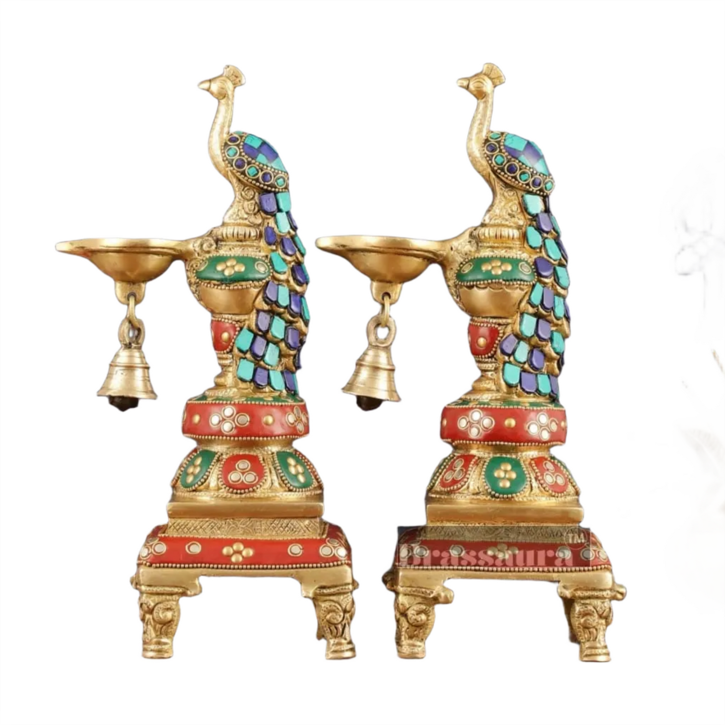 Brassaura™ Pair of Brass Peacock Diyas with Meenakari – Height 11 Inches | Traditional Brass Lamps, 4.63 Kgs
