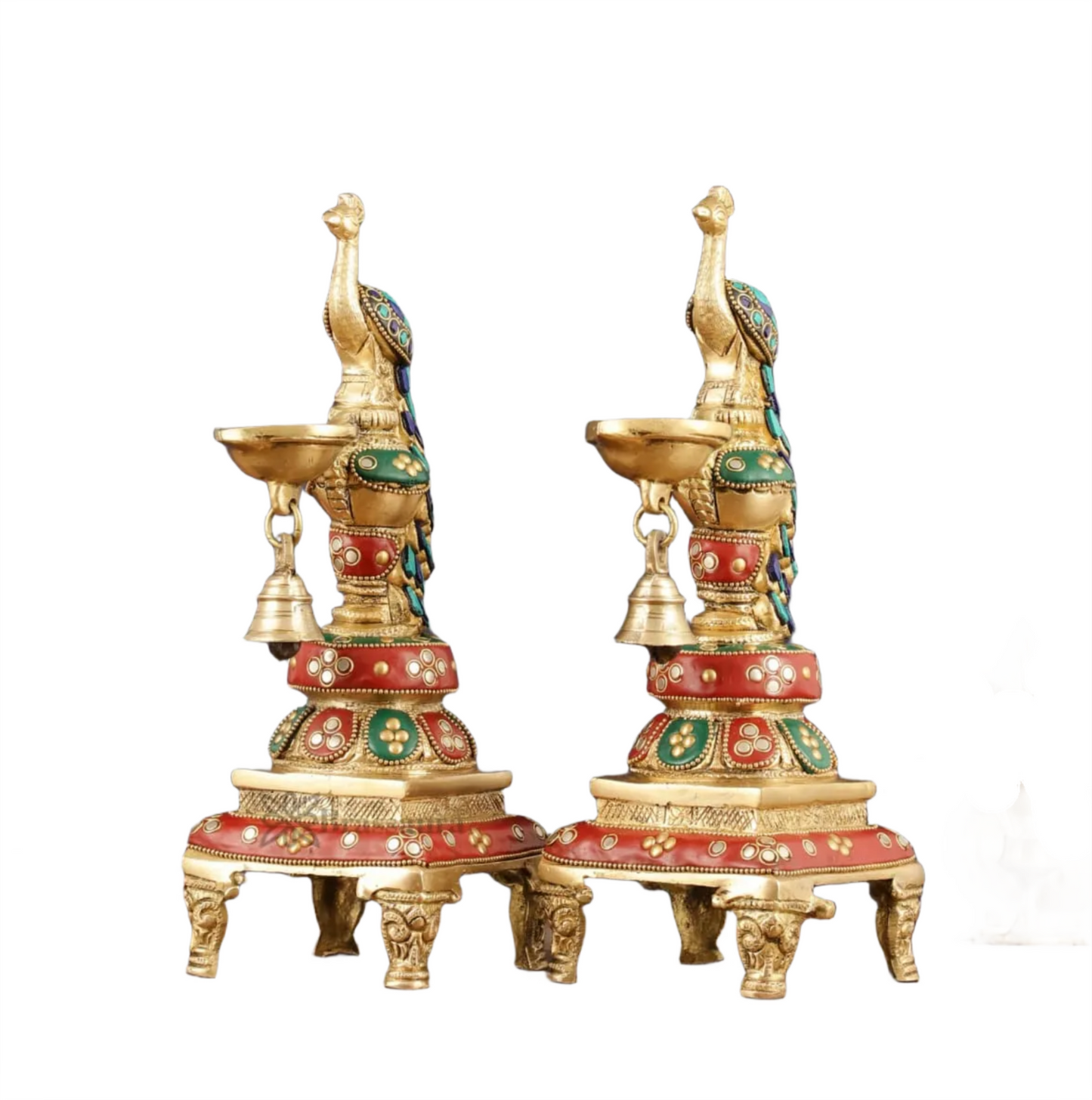 Brassaura™ Pair of Brass Peacock Diyas with Meenakari – Height 11 Inches | Traditional Brass Lamps, 4.63 Kgs