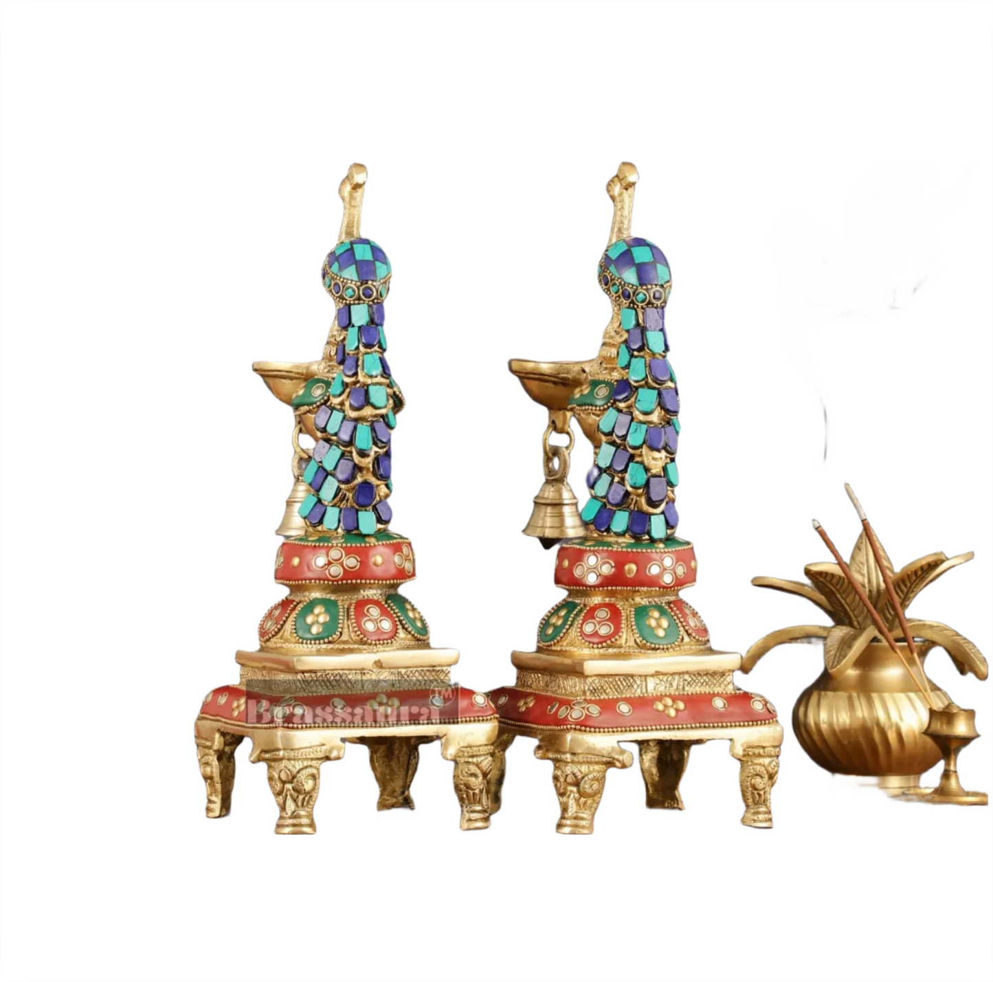 Brassaura™ Pair of Brass Peacock Diyas with Meenakari – Height 11 Inches | Traditional Brass Lamps, 4.63 Kgs