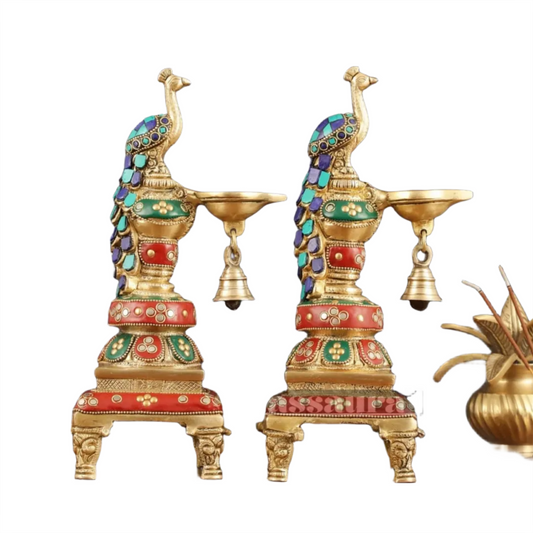 Brassaura™ Pair of Brass Peacock Diyas with Meenakari – Height 11 Inches | Traditional Brass Lamps, 4.63 Kgs