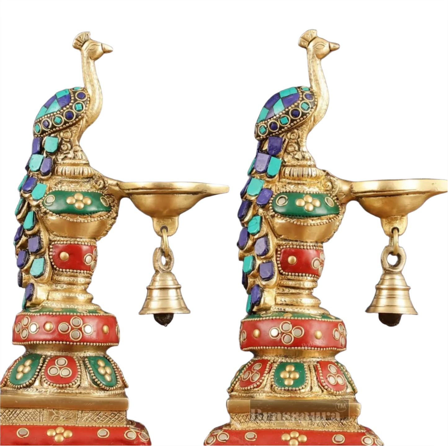 Brassaura™ Pair of Brass Peacock Diyas with Meenakari – Height 11 Inches | Traditional Brass Lamps, 4.63 Kgs