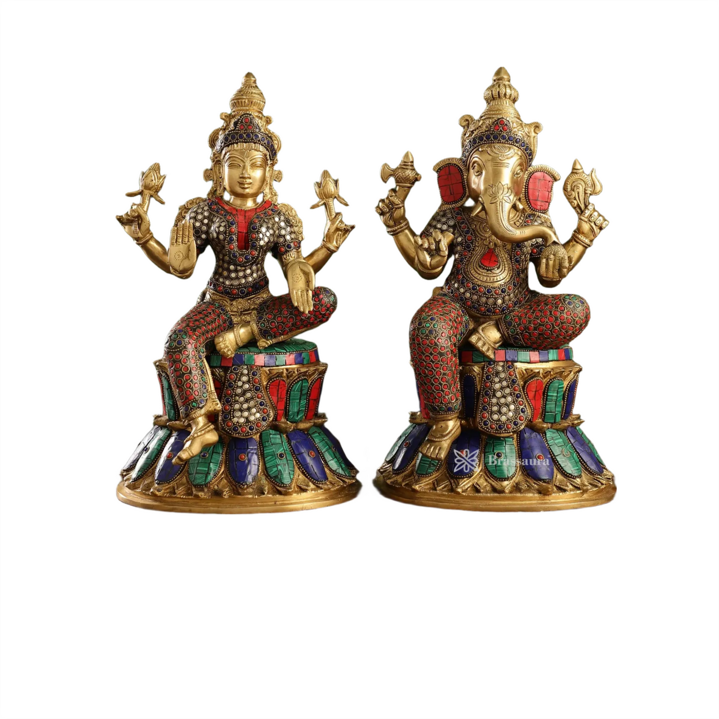 Brass Gem Stone Work Lakshmi Ganesh Weight 17 Kg & Height 15 Inch