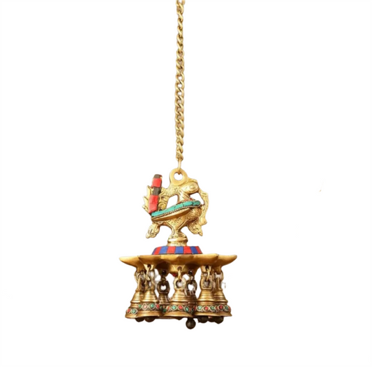 Brassaura™ Brass Hanging Peacock Diya with Stonework – Height 6 Inches | Hanging Lamp with Bells & Chain, Total Length 20 Inches , Weight 1.25kgs