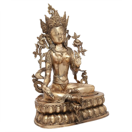 Tara Devi Sentada Brassaura® com Pedestal Ornamental | Latão Puro com Acabamento Antigo | Altura 86,5 cm e Peso 38,34 kg