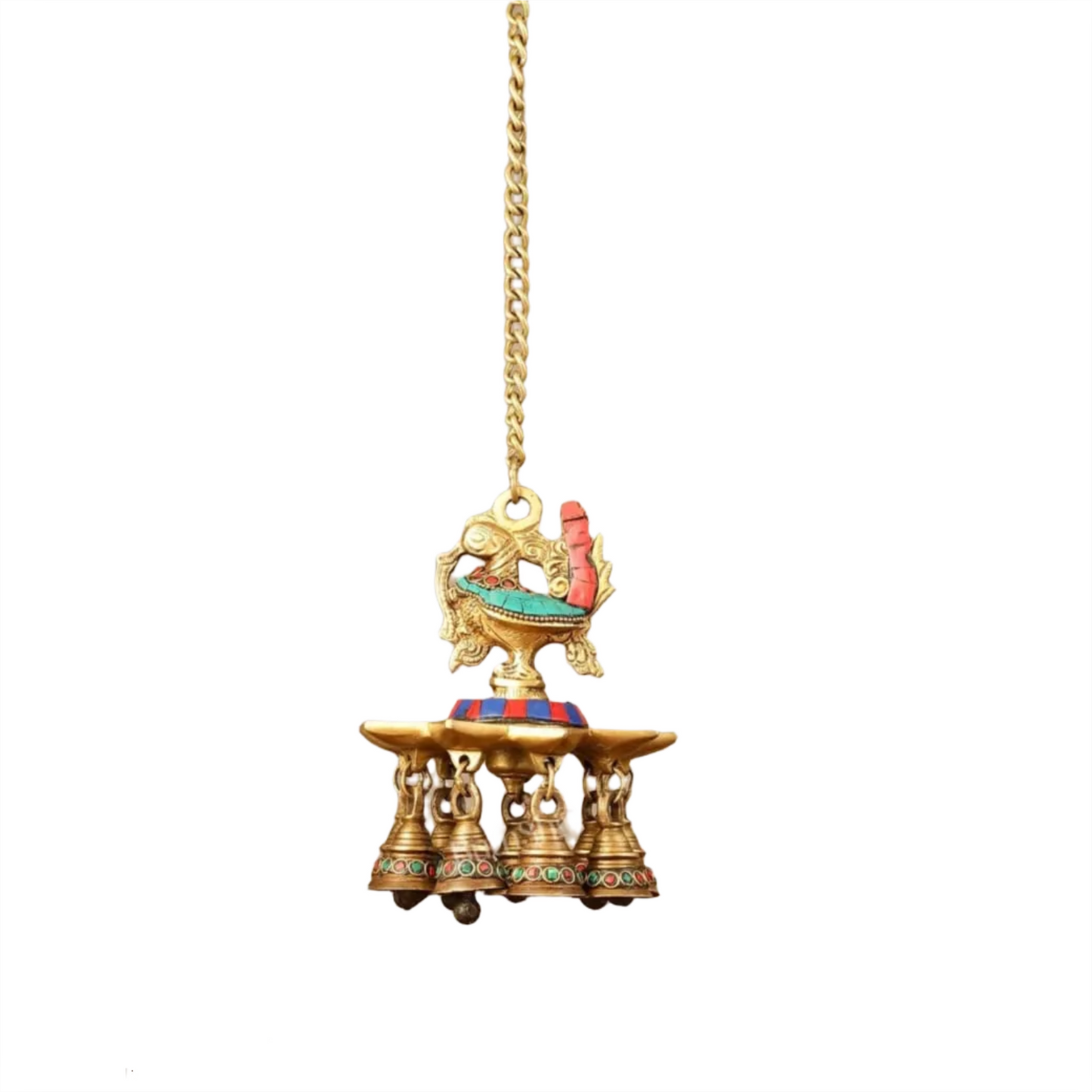 Brassaura™ Brass Hanging Peacock Diya with Stonework – Height 6 Inches | Hanging Lamp with Bells & Chain, Total Length 20 Inches , Weight 1.25kgs