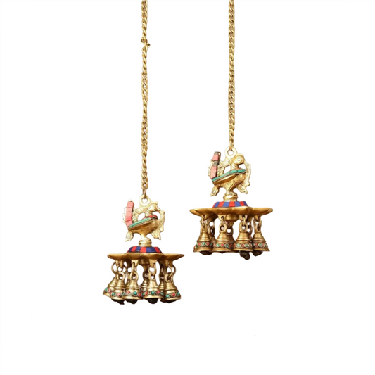 Brassaura™ Pair of Brass Hanging Peacock Diyas with Stonework – Height 6 Inches | Hanging Lamps with Bells & Chain, 2.5 Kgs
