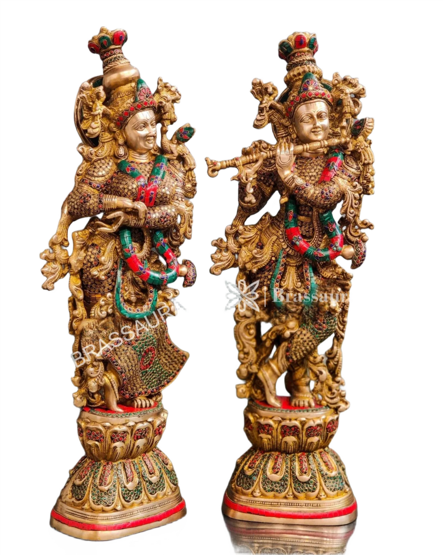 Brassaura™ Handcrafted Brass Radha Krishna Idol Pair with Double-Layered Meenakari – Height 29 & 28 Inches & Weight 33 Kgs | Elegant Devotional Statue