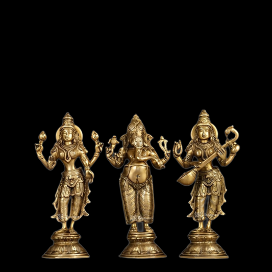 Brassaura™ Brass Antique Laxmi Ganesha Saraswati Sculpture – Height 10 Inches & Weight 9 Kgs | Sacred Décor