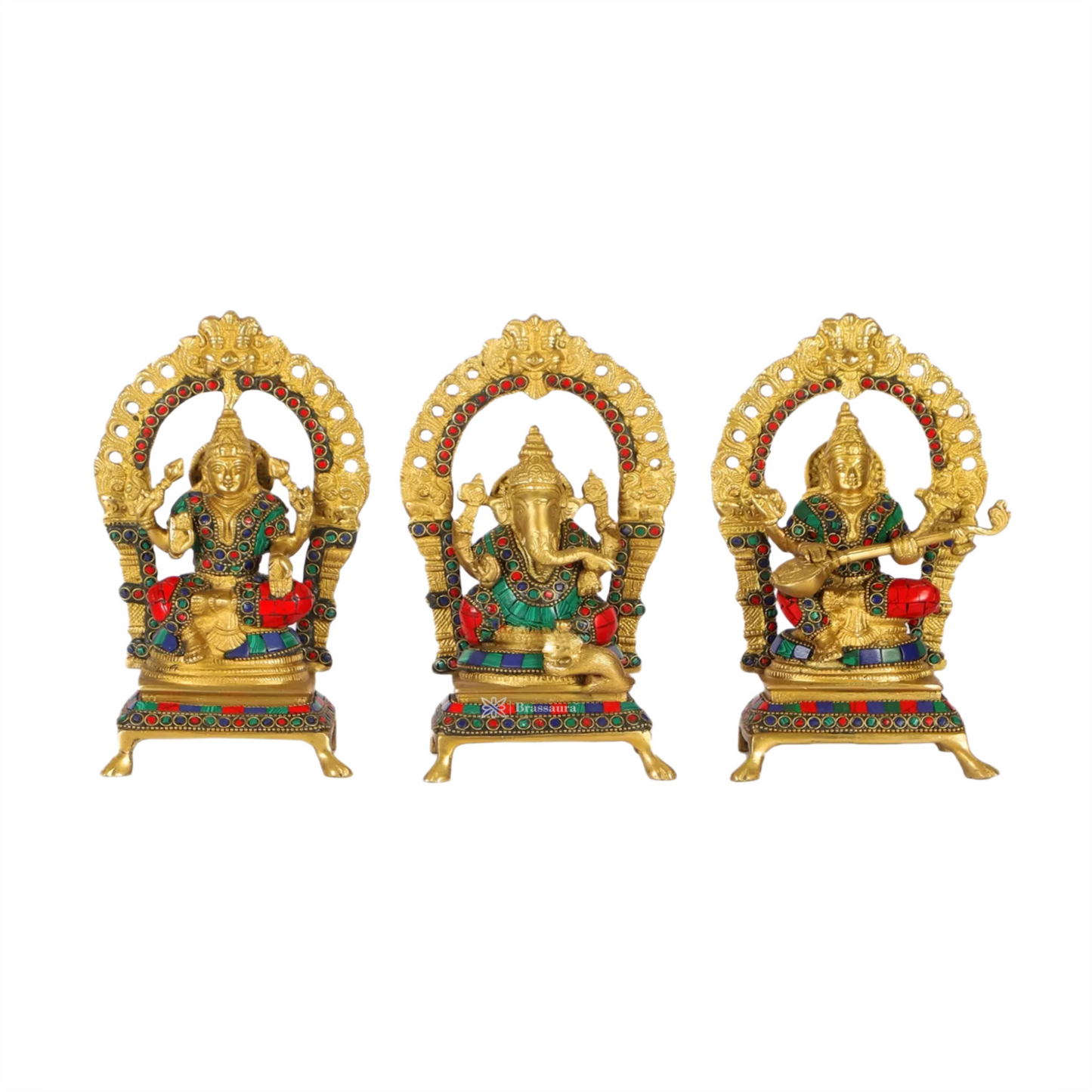 Brass Gem Stone Work Laxmi Ganesha Saraswati Murti for Home and Decor Height 8 Inches