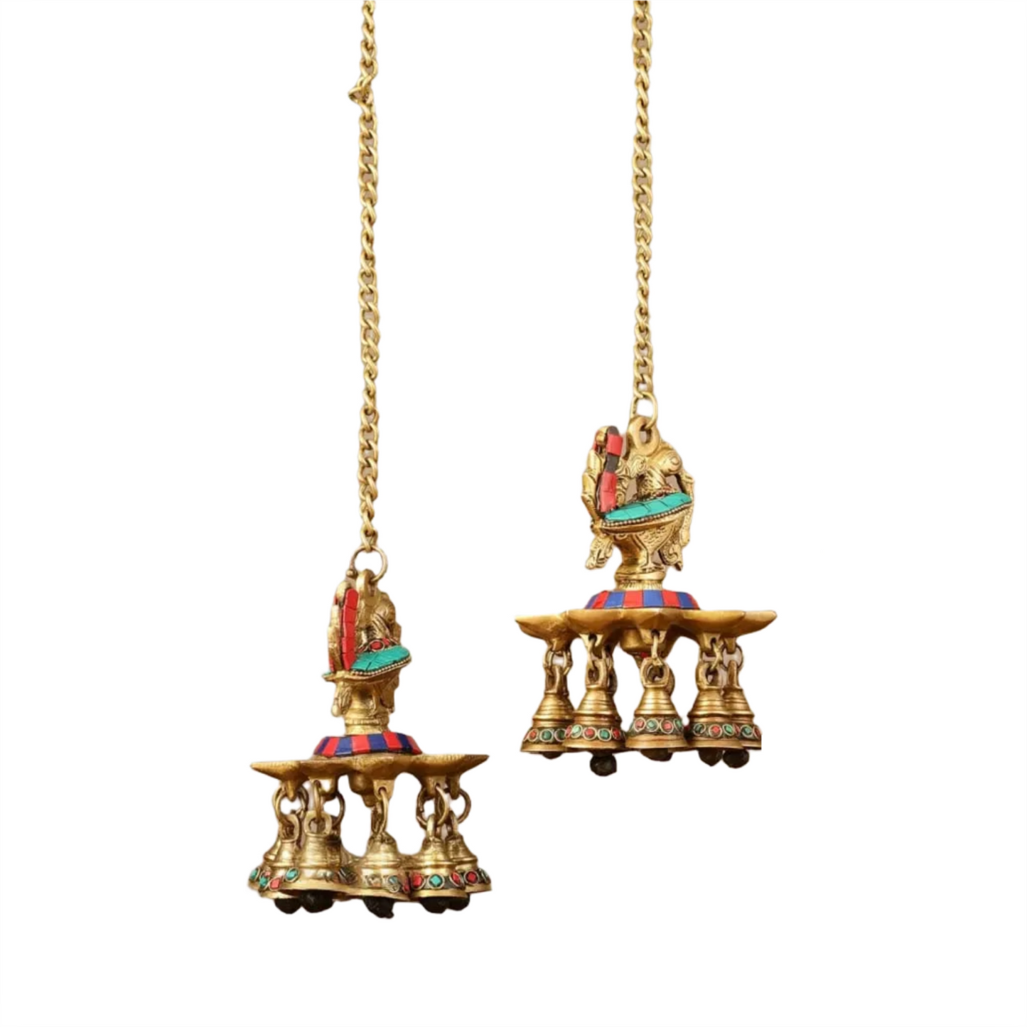 Brassaura™ Pair of Brass Hanging Peacock Diyas with Stonework – Height 6 Inches | Hanging Lamps with Bells & Chain, 2.5 Kgs
