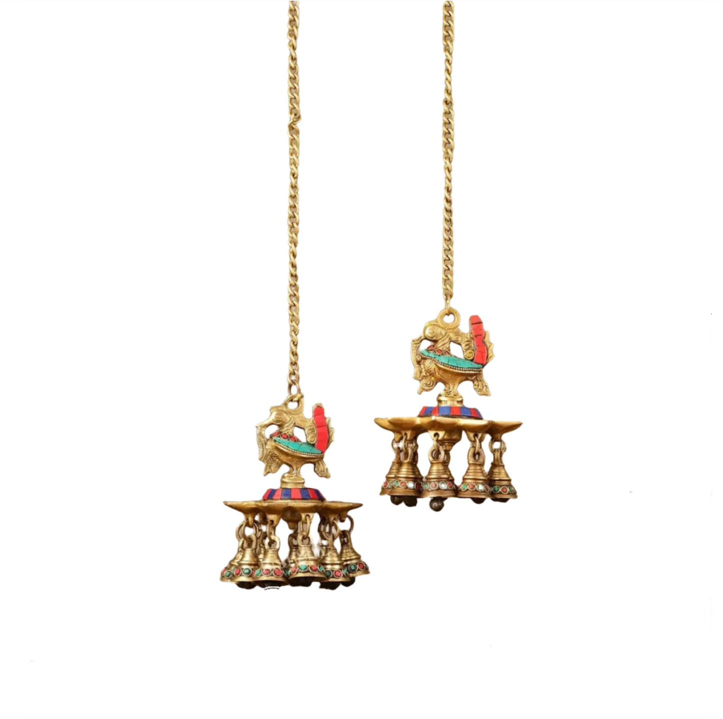 Brassaura™ Pair of Brass Hanging Peacock Diyas with Stonework – Height 6 Inches | Hanging Lamps with Bells & Chain, 2.5 Kgs