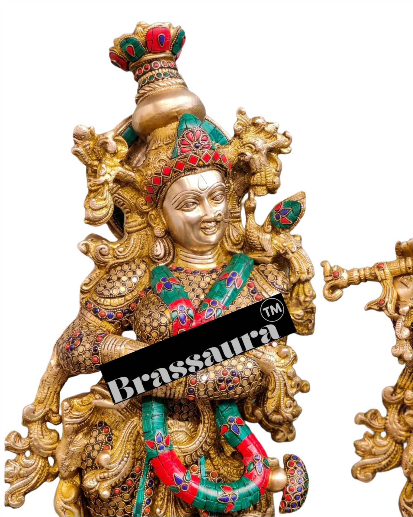 Brassaura™ Handcrafted Brass Radha Krishna Idol Pair with Double-Layered Meenakari – Height 29 & 28 Inches & Weight 33 Kgs | Elegant Devotional Statue