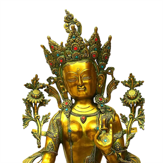 Brassaura® Tara Devi Sentada com Pedestal Ornamental | Latão Puro com Acabamento Envelhecido | Altura 86,5 cm e Peso 38,34 kg