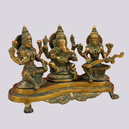 Brassaura® Natural Brass Lakshmi Ganesha Saraswati Idol Set with Temple-Style Detailing | Pure Superfine Brass Handcrafted Murti | Brass Statue for Home Temple, Pooja Room | Height 6 Inches | Weight 3 Kgs