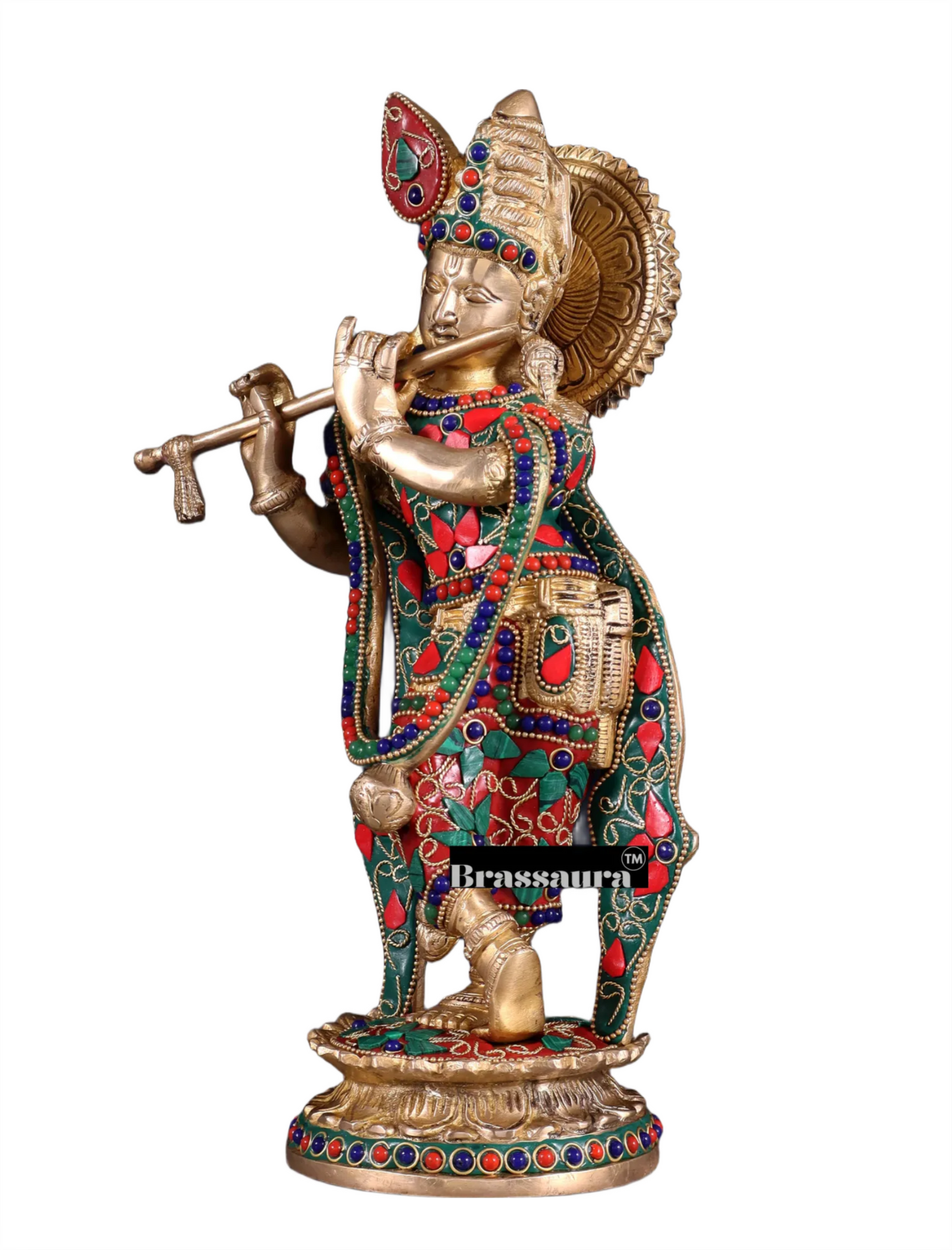 Brassaura™ Pure Brass Lord Krishna Idol with Floral Stonework – Height 11 Inches & Weight 2.75 Kgs