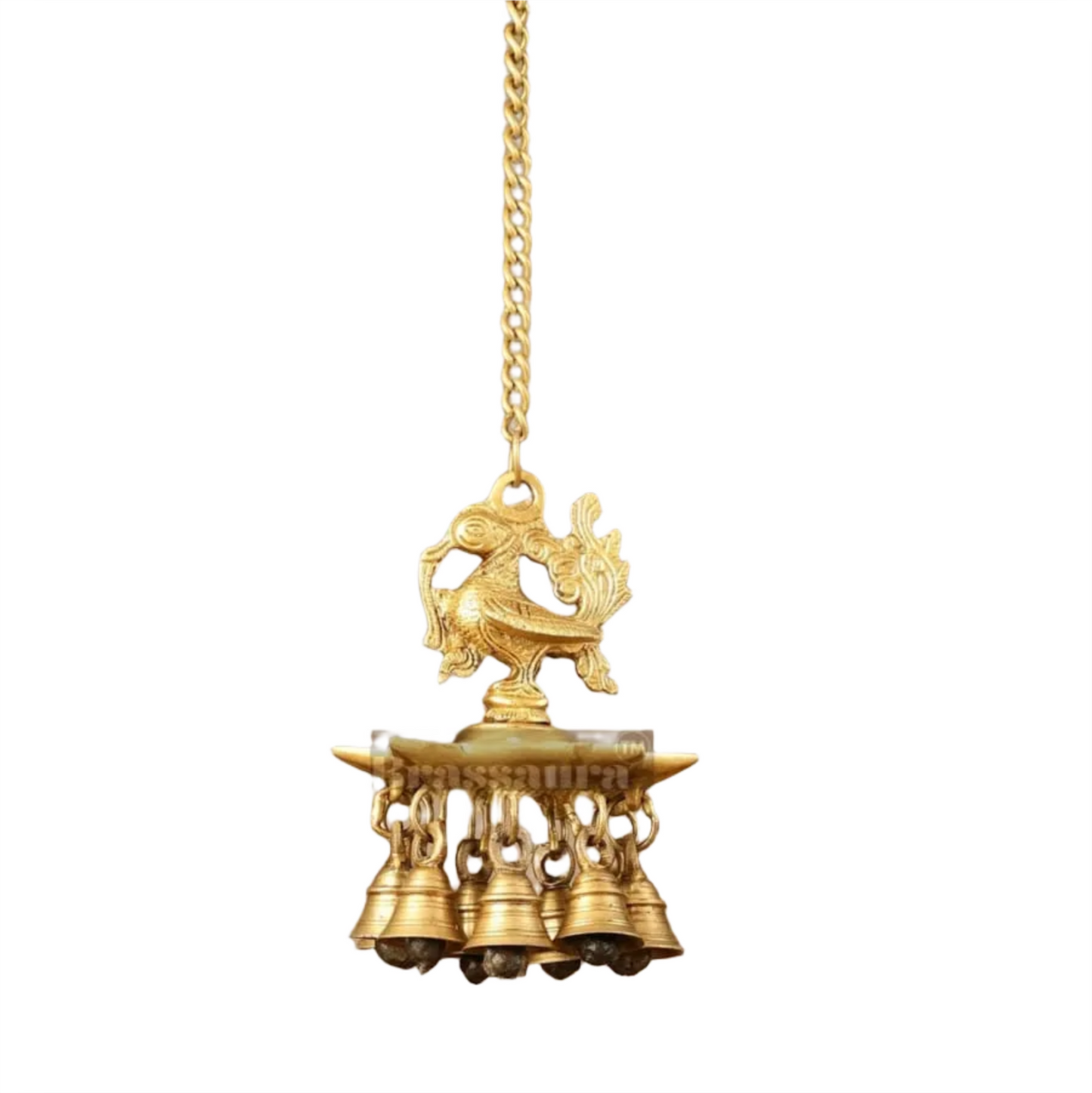 Brassaura™ Brass Hanging Peacock Diya with Chain – Height 6 Inches | Traditional Hanging Lamp, 1.1 Kgs