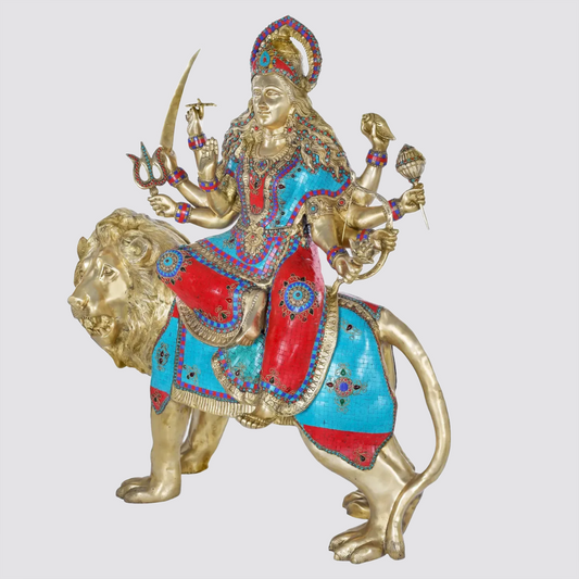 Brassaura® Maa Durga on Lion with Inlay Work | Pure Brass | Height 43.5 Inches & Weight 92 kgs