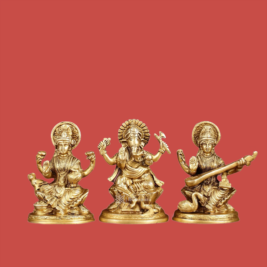 Brassaura™ Brass Antique Laxmi Ganesha Saraswati Idol – Height 5 Inches & Weight 3 Kgs | Puja & Home Décor
