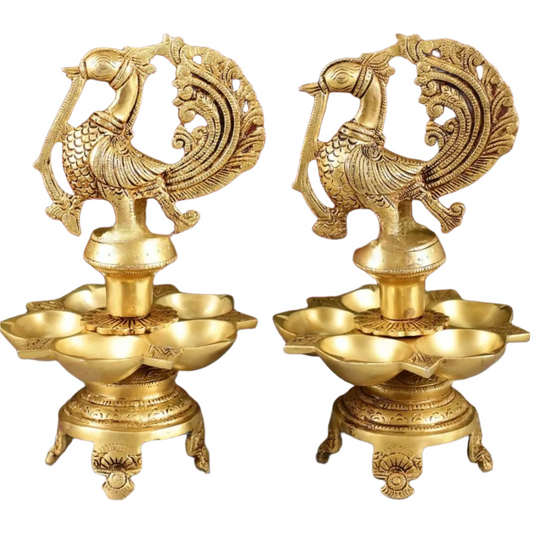 Brassaura™ Traditional Brass Peacock Oil Lamp with Carvings – Height 11 Inches | Single 3.8 Kgs / Pair 7.6 Kgs