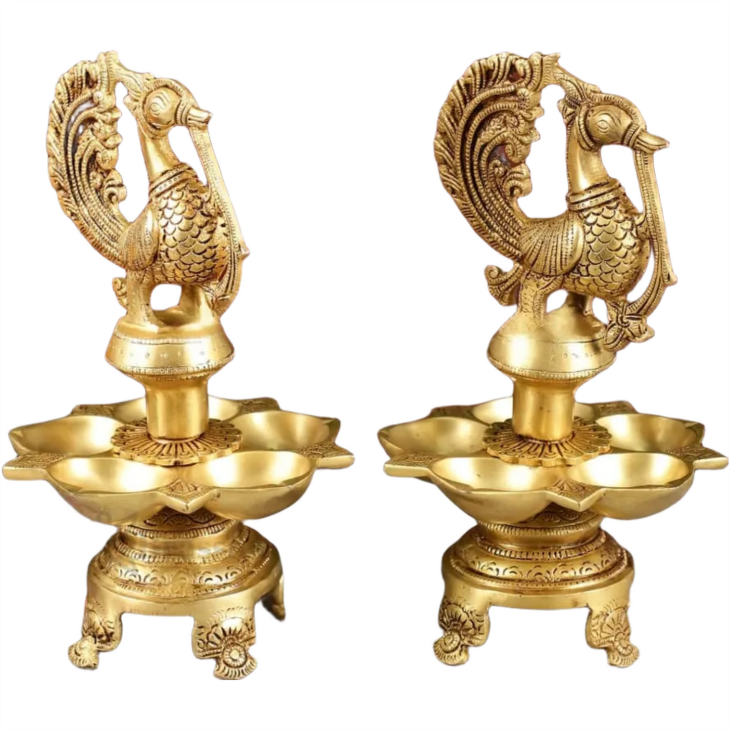 Brassaura™ Traditional Brass Peacock Oil Lamp with Carvings – Height 11 Inches | Single 3.8 Kgs / Pair 7.6 Kgs