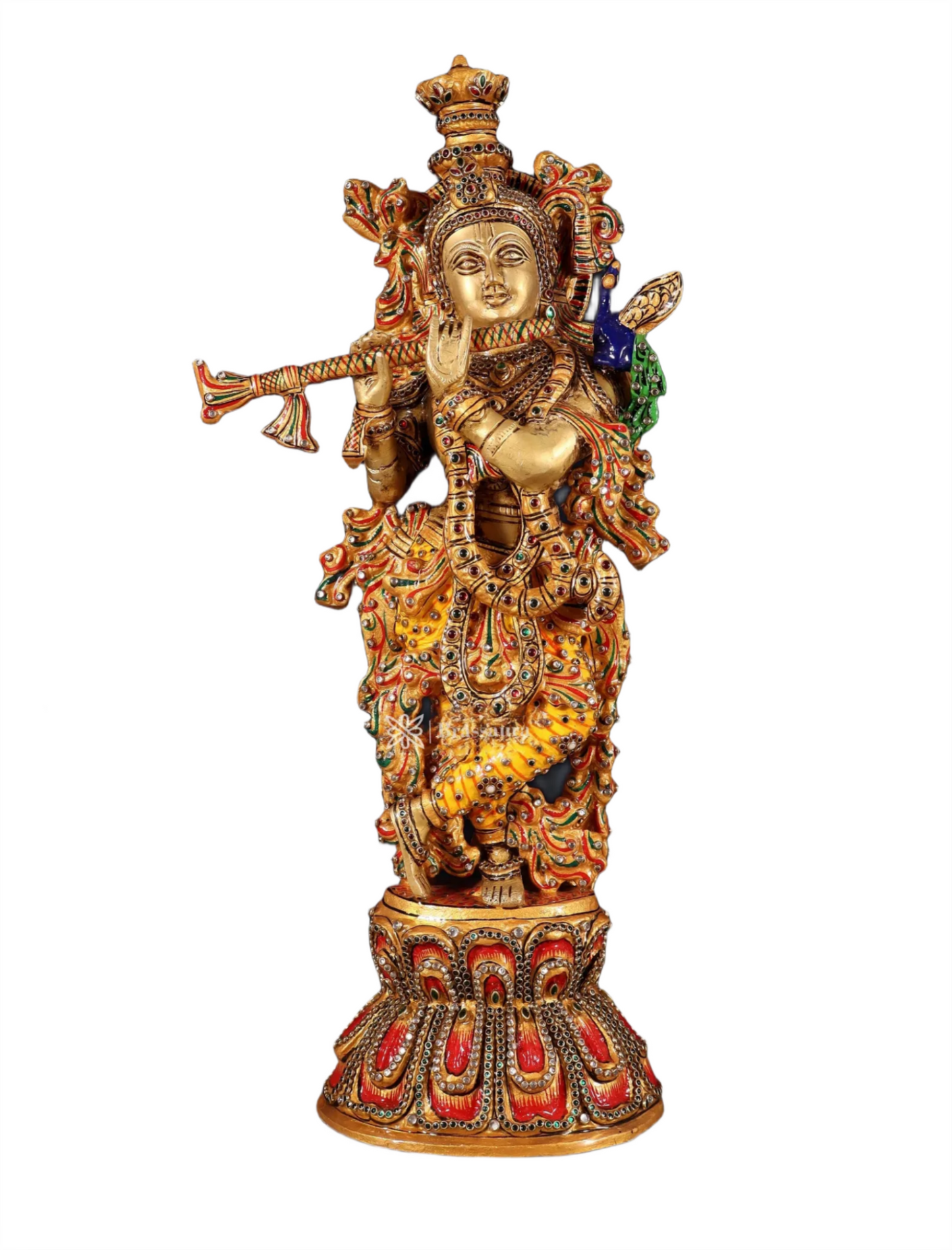 Brassaura™ Brass Krishna Statue with Natural Stones – Height 21" | Weight 9 Kgs
