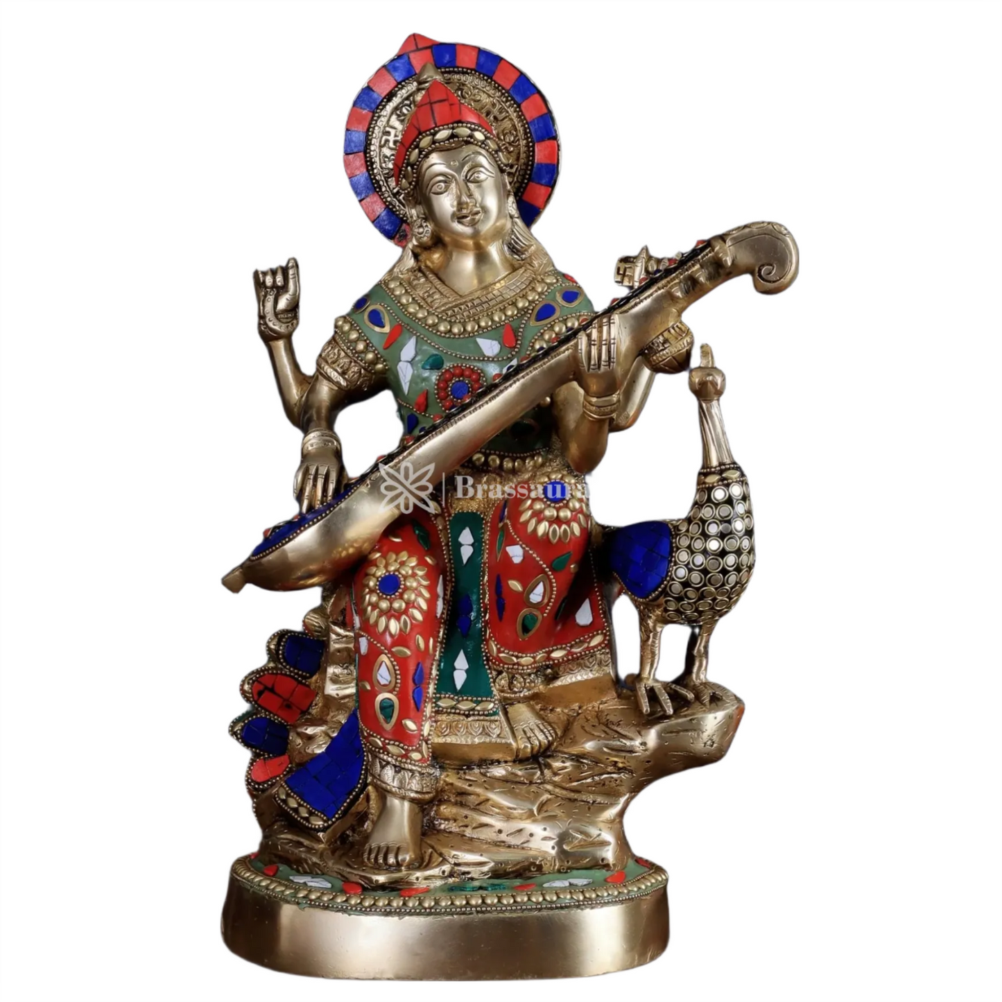 Brass Gem Stone Work Saraswati for Home and Decor Height 15 Inches & Weight 10 Kgs