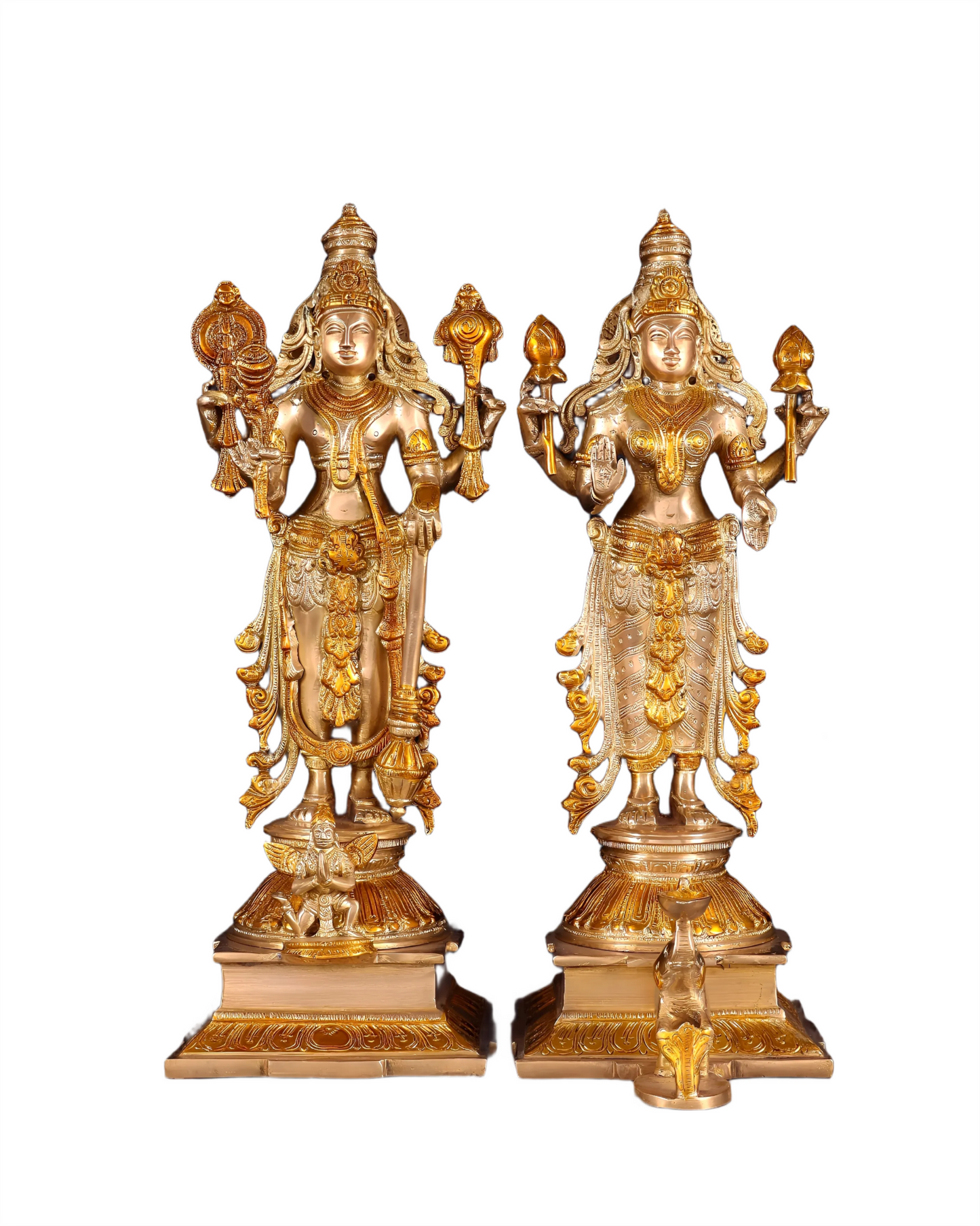Brassaura™ Pure Brass Standing Vishnu Idol Set – 9.5kg, 14-Inch – Chola-Style Lord Vishnu, Lakshmi with Elephant & Garuda in Dual-Tone Gold Finish