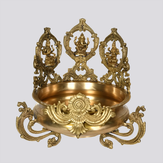 Brassaura® Hoysala Style Ganesha Lakshmi Saraswati Urli with Traditional Brass Finish | Pure Superfine Brass Handcrafted Murti | Brass Statue for Home Temple, Pooja Room | Height 15 Inches | Weight 9.4 Kgs