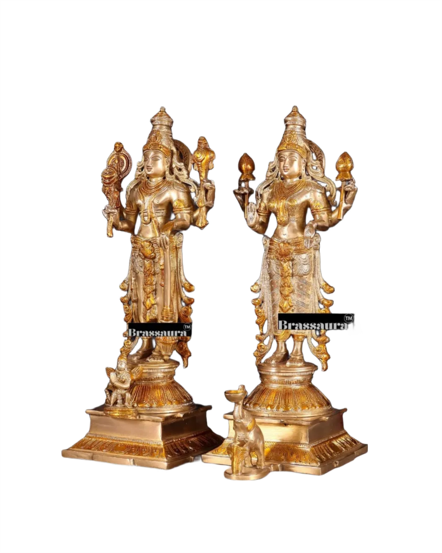 Brassaura™ Pure Brass Standing Vishnu Idol Set – 9.5kg, 14-Inch – Chola-Style Lord Vishnu, Lakshmi with Elephant & Garuda in Dual-Tone Gold Finish
