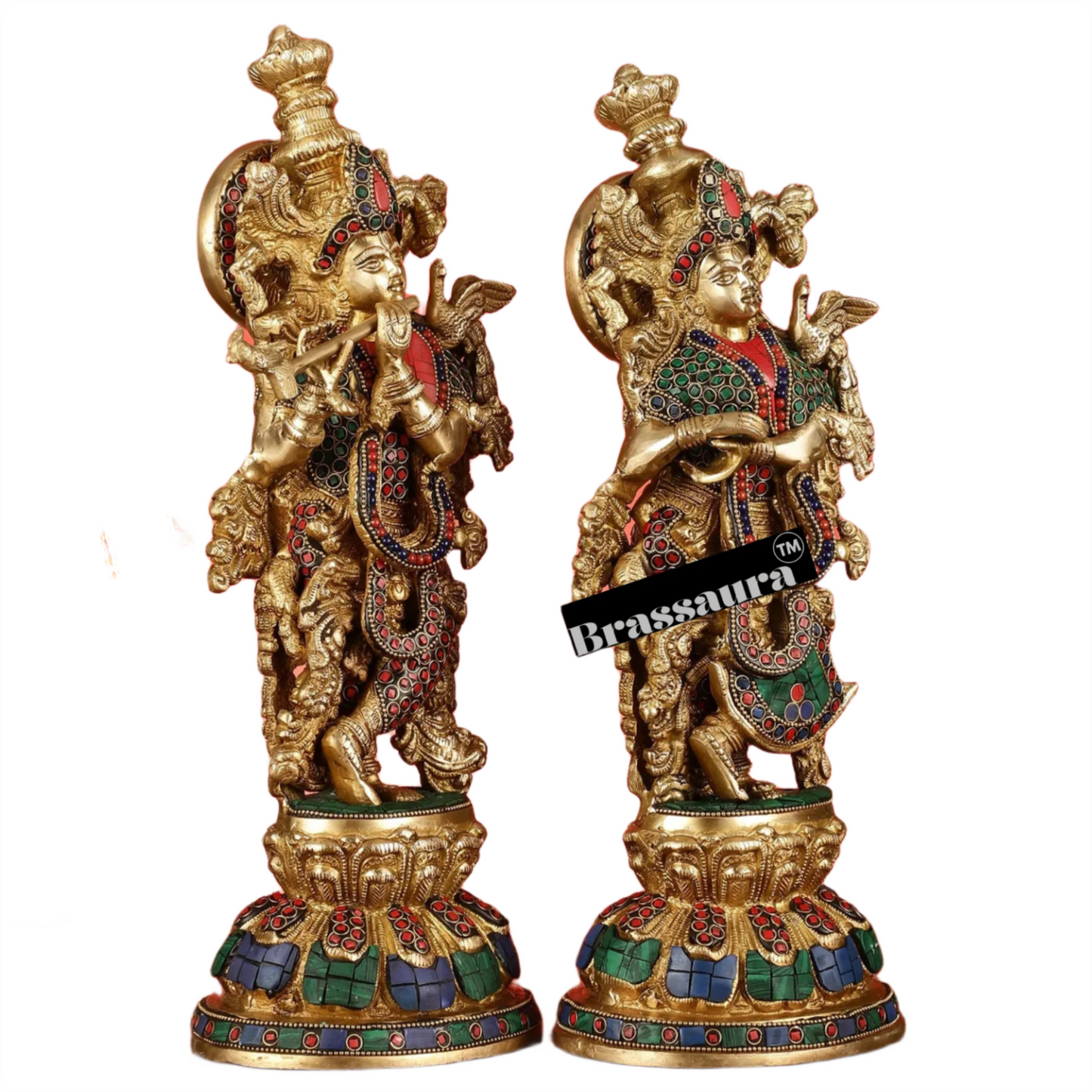 Brassaura™ Brass Radha Krishna Idol Pair with Multicolored Meenakari – Height 15 Inches & Weight 10 Kgs | Elegant Devotional Statue