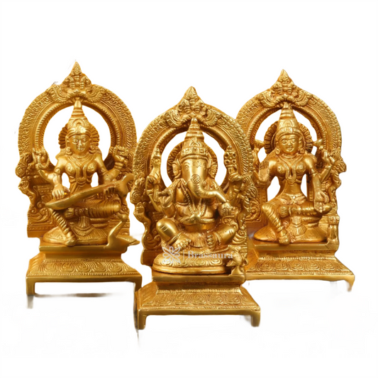 Brassaura™ Handcrafted Brass Antique Laxmi Ganesha Saraswati Statue – Height 7 & Weight 4.5 Kgs | Devotional Décor