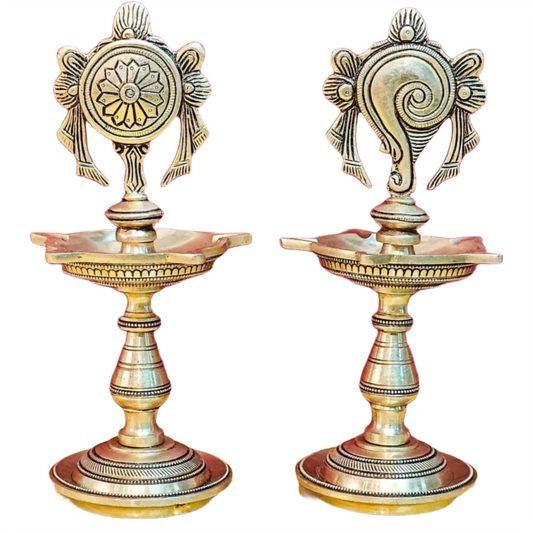 Brassaura™ Brass Shankhu Chakra Panchdeepam Oil Lamps – Height 9 Inches | Pair of 5-Wick Lamps, 2.5 Kgs