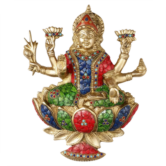 Brassaura™ Brass Gem Stone Work Laxmi Mata for Wall Hanging- Height 12 Inches & Weight 3.5 Kgs | Puja Room Statue